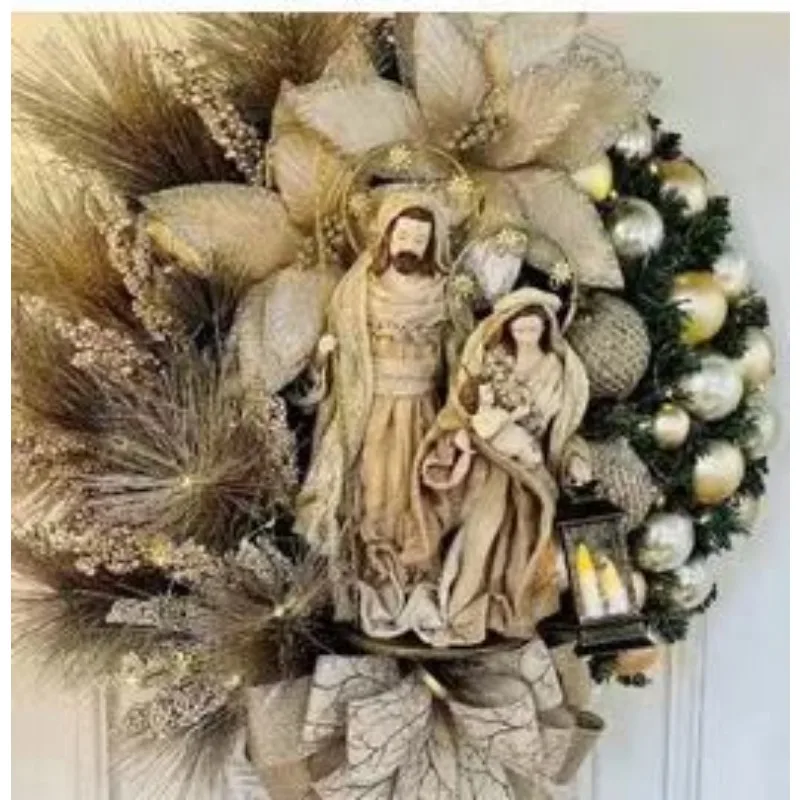 Christmas Wreath With Lamp Bow Ball Big Red Flower Navidad Party Wall Door Window Fireplace Staircase Balcony Garden Wreath