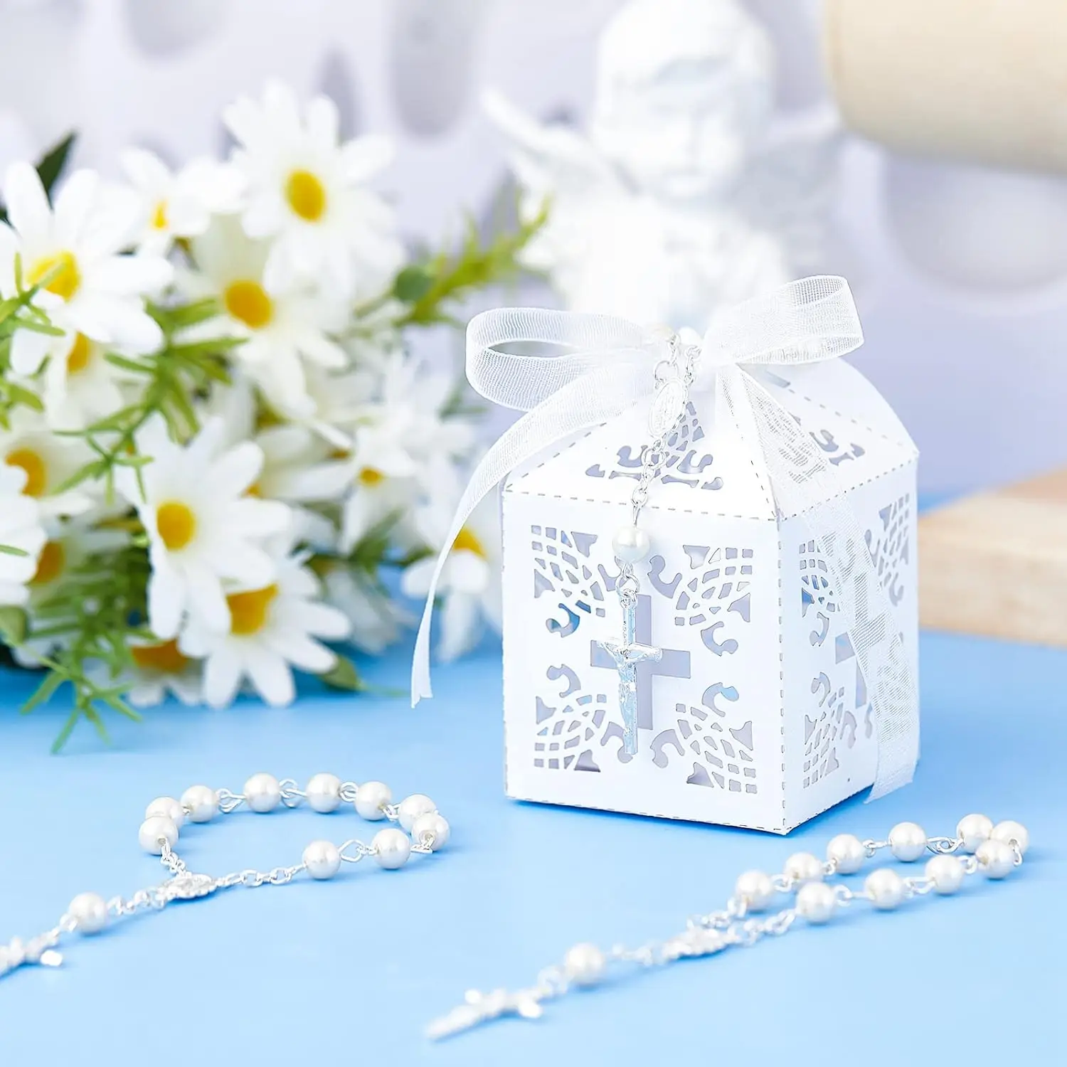 20 Packs Baptism Favors Set Acrylic Rosary Beads Faux Pearls with Organza Bags and Cross Baptism Favor Boxes Recuerdo De Boda Y - Image 3