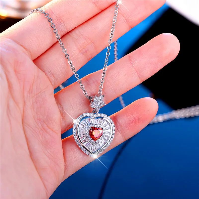 Fashion Female Red Heart Flower Pendant Necklace Cute Silver Color Wedding Jewelry Gift For Women