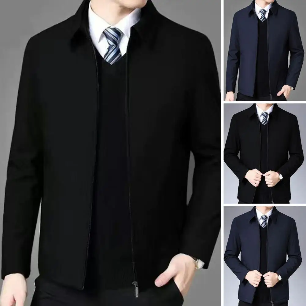 

Men Spring Jacket Formal Business Style Men's Suit Coat Turn-down Collar Zipper Placket Anti-wrinkle Long Sleeve for Spring