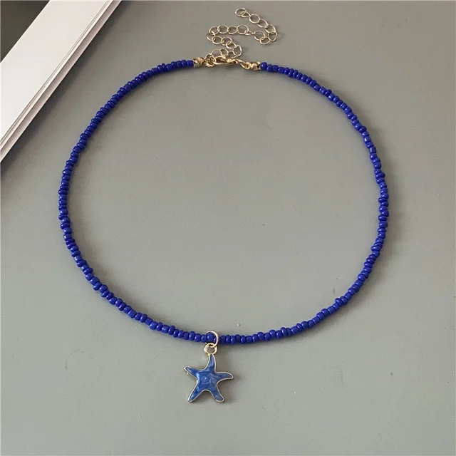 4 Colors Fashion Starfish Choker Necklace for Men Women White Black Blue Colorful Rice Beads Gift for Friend  Short Collar 6