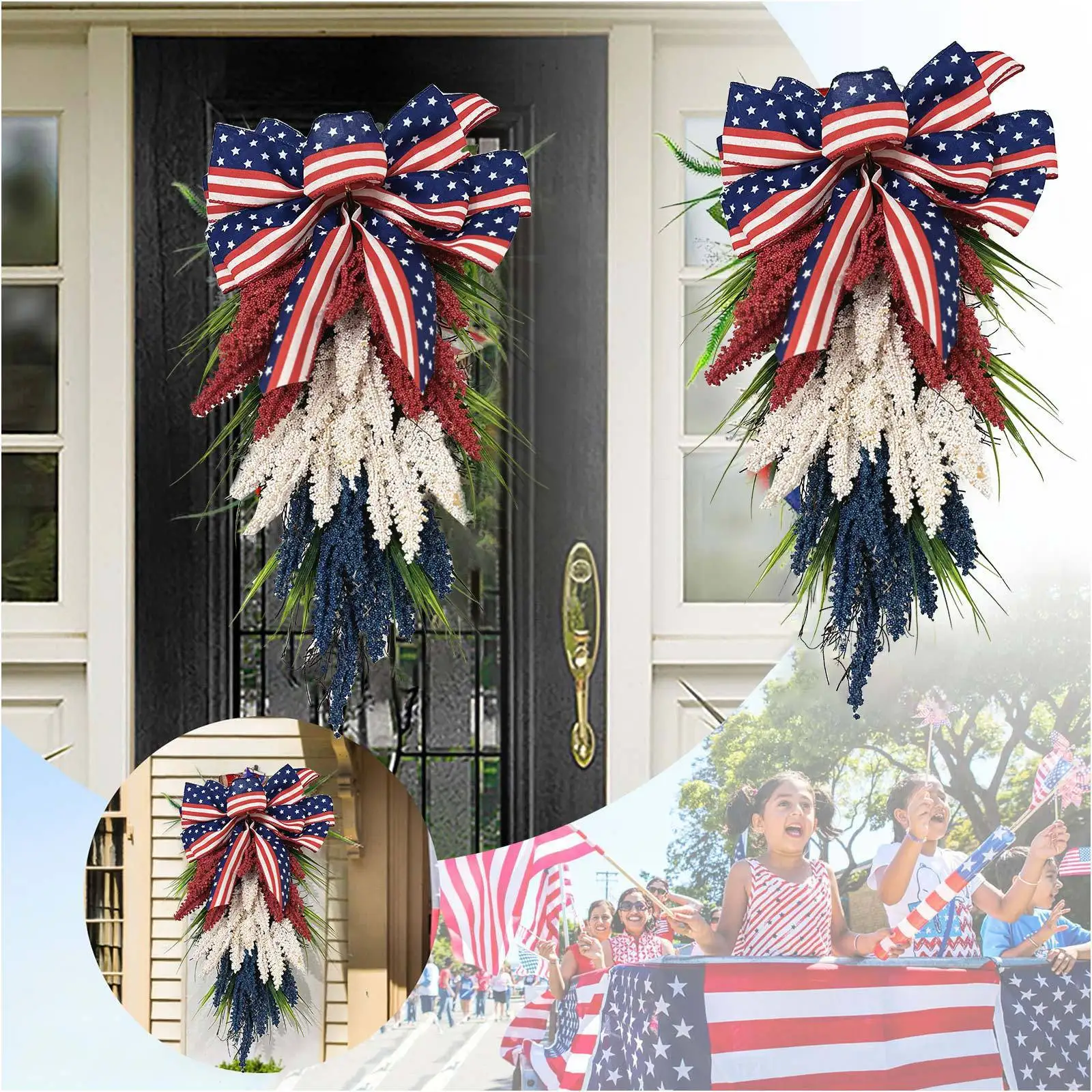 

Independence Day Red White and Blue Wheat Ears Decoration Door Hanging Wreath Home Decor