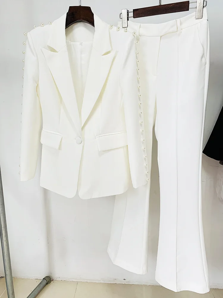 White Blazer Pants Suits with Pearls New Designer Pearl
