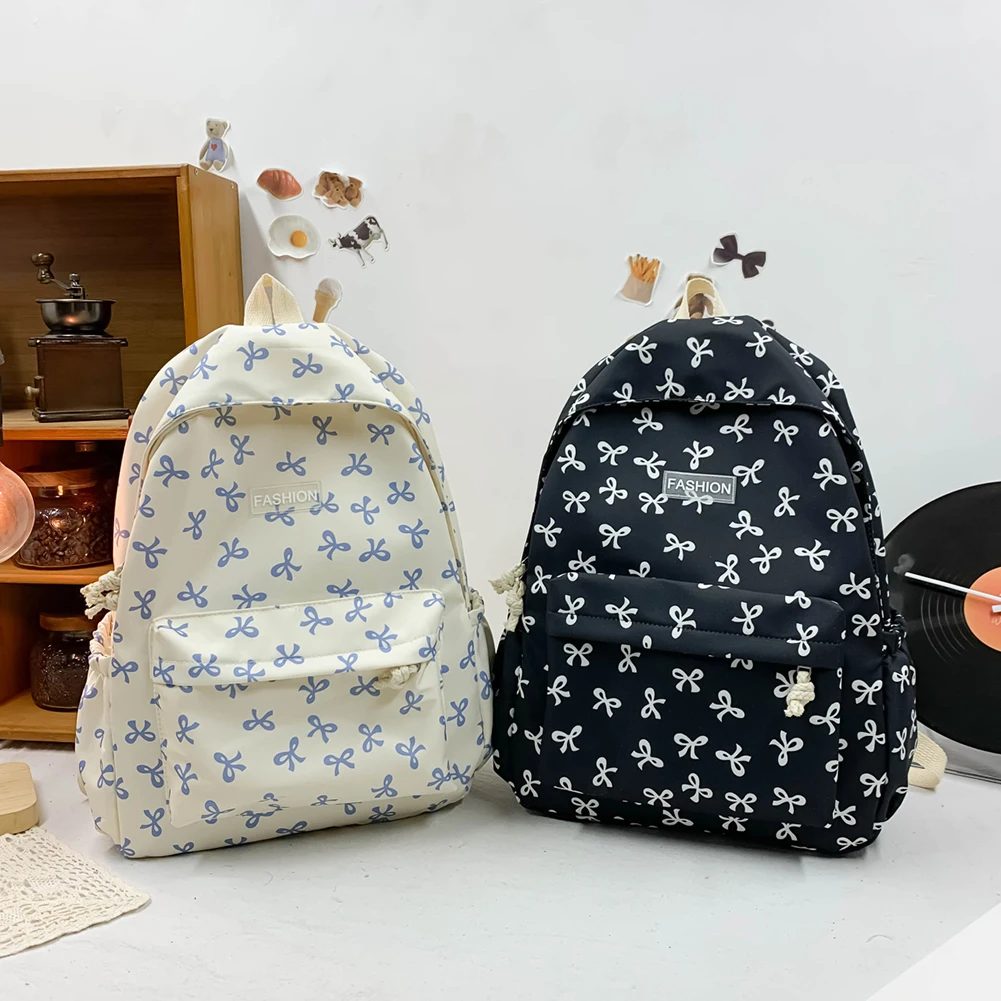 Nylon Schoolbag Bow Printed for Girls Women Travel Bag Adjustable Strap Daypack Cute Knapsack Rucksack