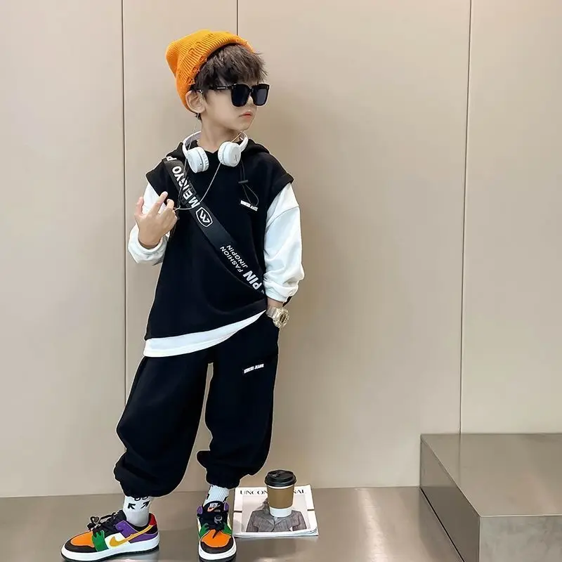 

Boys' Fake Two Pieces Sets 2023 Spring Autumn Hooded Sweatshirts Loose Cuffed Pants Long Sleeve Top Patchwork Causal 5-12 Yrs