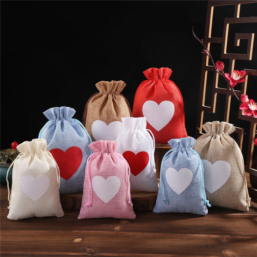 50pcs/lot 10x15cm Heart Pattern Linen Bag Drawstring Jewelry Gift Packaging Bags Birthday Valentine Wedding Party Pouches