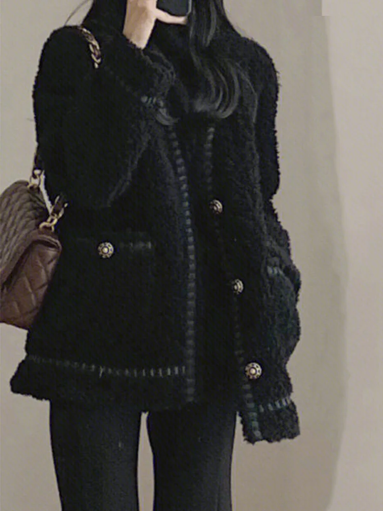 

Осенне-зимняя Толстая бархатная черная куртка Y2k из овечьей шерсти, женское винтажное флисовое пальто с круглым вырезом и длинным рукавом, элегантная Свободная верхняя одежда