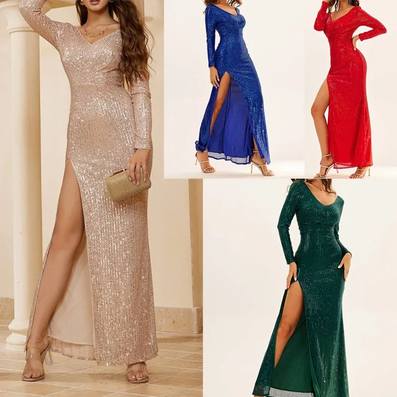 

Новое Женское платье с блестками с длинным рукавом и V-образным вырезом, облегающее длинное платье для карнавала, Хэллоуина, яркое сексуальное платье для свадебной вечеринки, женская одежда