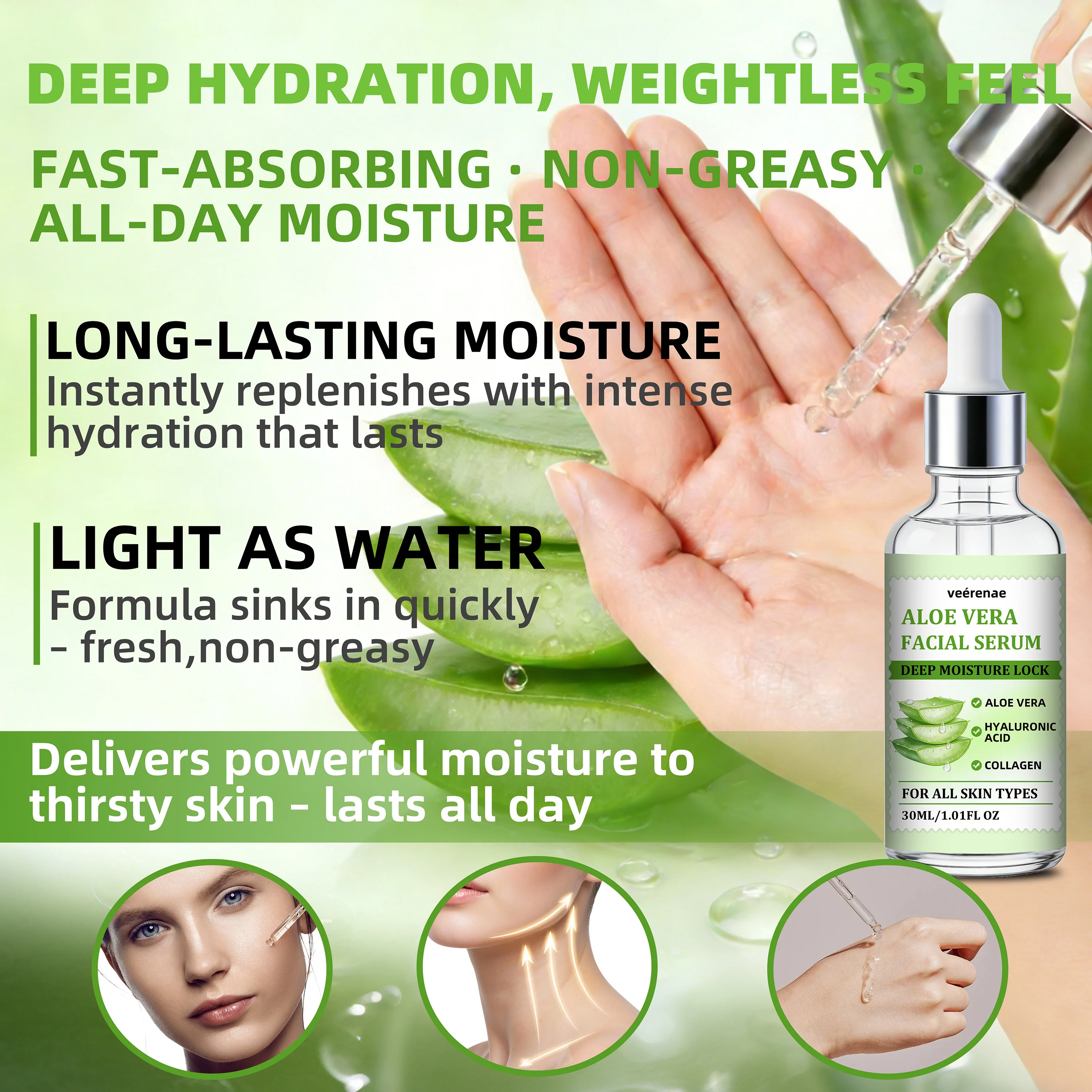 Veérenae Aloe Vera Facial Hydration Serum - Soothing, Oil-Free, Quick-Absorbing & Non-Greasy, Ideal