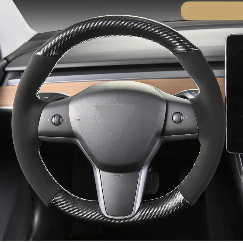 

Interior DIY 3D Black Carbon Fiber&Black Suede Leather Steering Wheel Hand Sewing Wrap Cover Fit For Tesla model 3 2017-2020