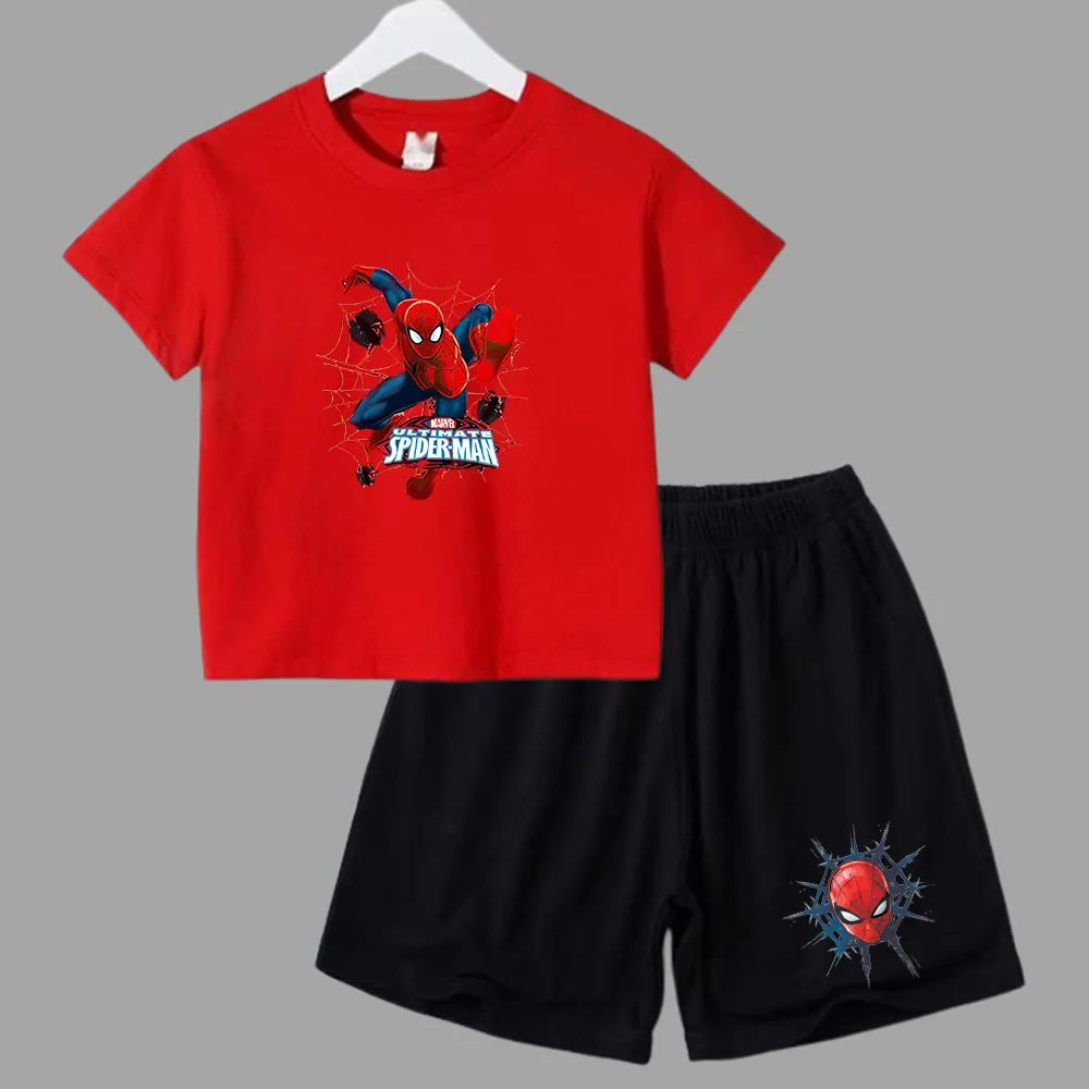 Conjunto de verano de Marvel Spider-Man para bebé adolescente, camiseta para niño, pantalones cortos, conjunto de 2 piezas, ropa deportiva de manga corta para niño y niña, marca de dibujos animados pa