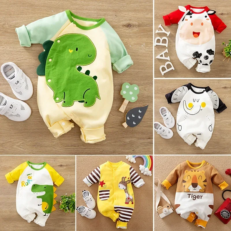 

Bodysuit for Newborns New Baby Jumpsuit Newborn Spring and Autumn Cartoon Ha Baby Dinosaur Crawling Clothes Cotton Clothes