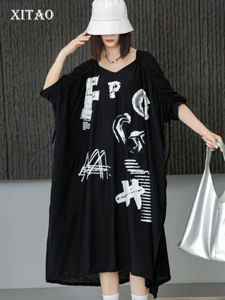 

XITAO Bat Wing Sleeve Dress Irregular Draw String Folds Half Sleeve T-shirt Dress Fashion Contrast Color Letter Print WLD20163