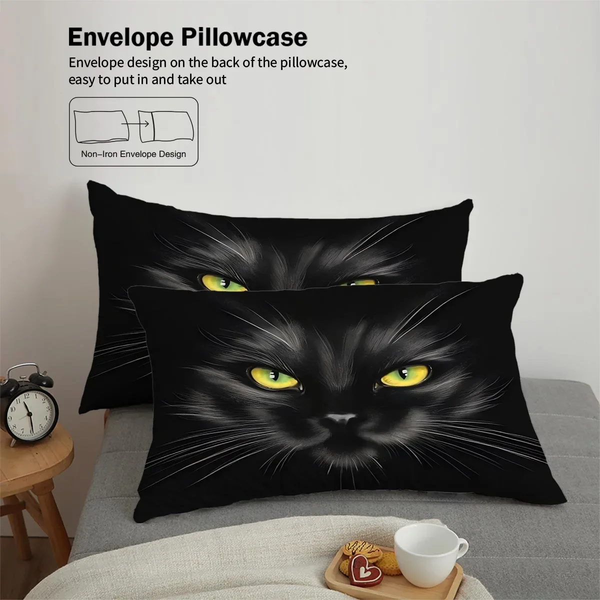 3pc Black Cat Printed Chipless Product Set for Bedrooms, Dormitories, Multiple Sizes, Soft and Comfortable, Machine Washable