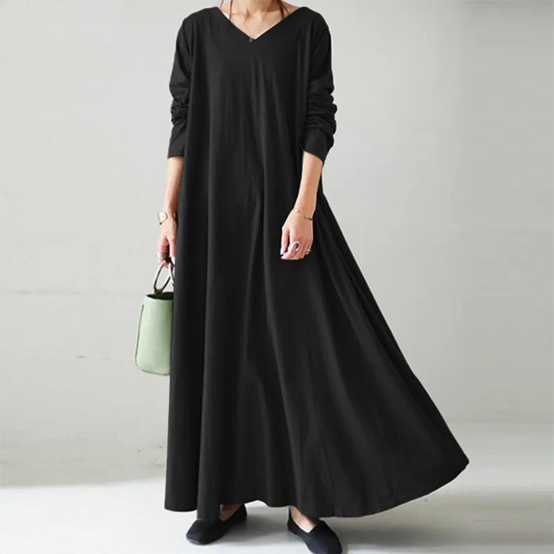 

2023 Muslim Abayat Dress Long Sleeve V-neck Women's Bottoming Shirt with Solid Color Loose Casual Women's Islamic Dress