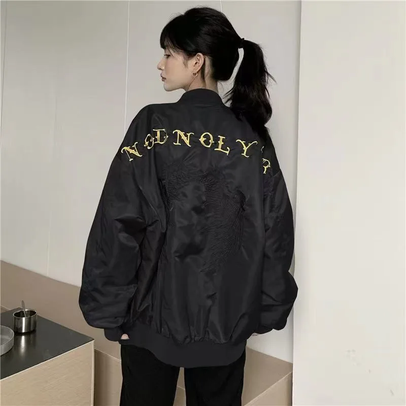 HOUZHOU Vintage Black Bomber Jacket Women Gothic Style Oversize Harajuku Streetwear Baseball Jackets Japanese Y2k Aesthetic Tops