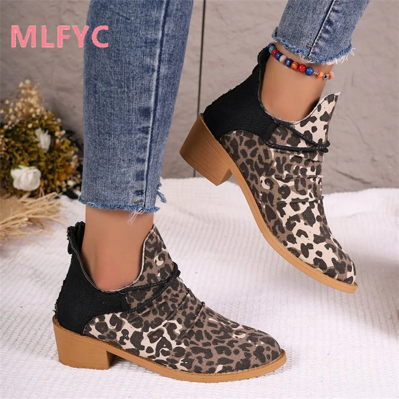 Autumn Winter Women Shoes New Pointed Square Heel Leopard Pattern Fashion Short Boots Ladies Comfortable and Simple Single Shoes
