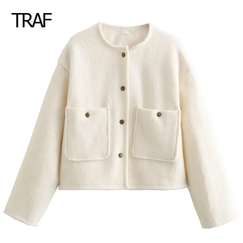 

TRAF Tweed Cropped Coat Women's Bomber Coat Autumn Winter Long Sleeve Top New In Coat Demi-Season Luxury Designer Coats Women