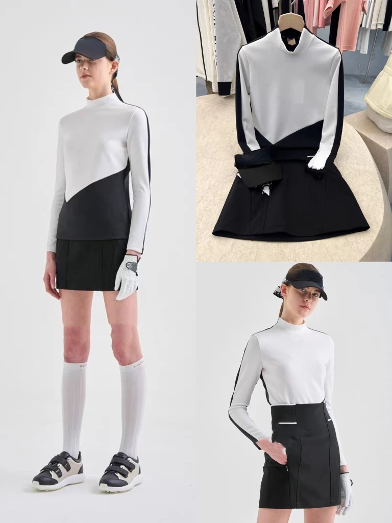 korean-golf-suit-24-spring-golf-women's-stand-up-neck-color-matching-long-sleeved-bottom-shirt-top