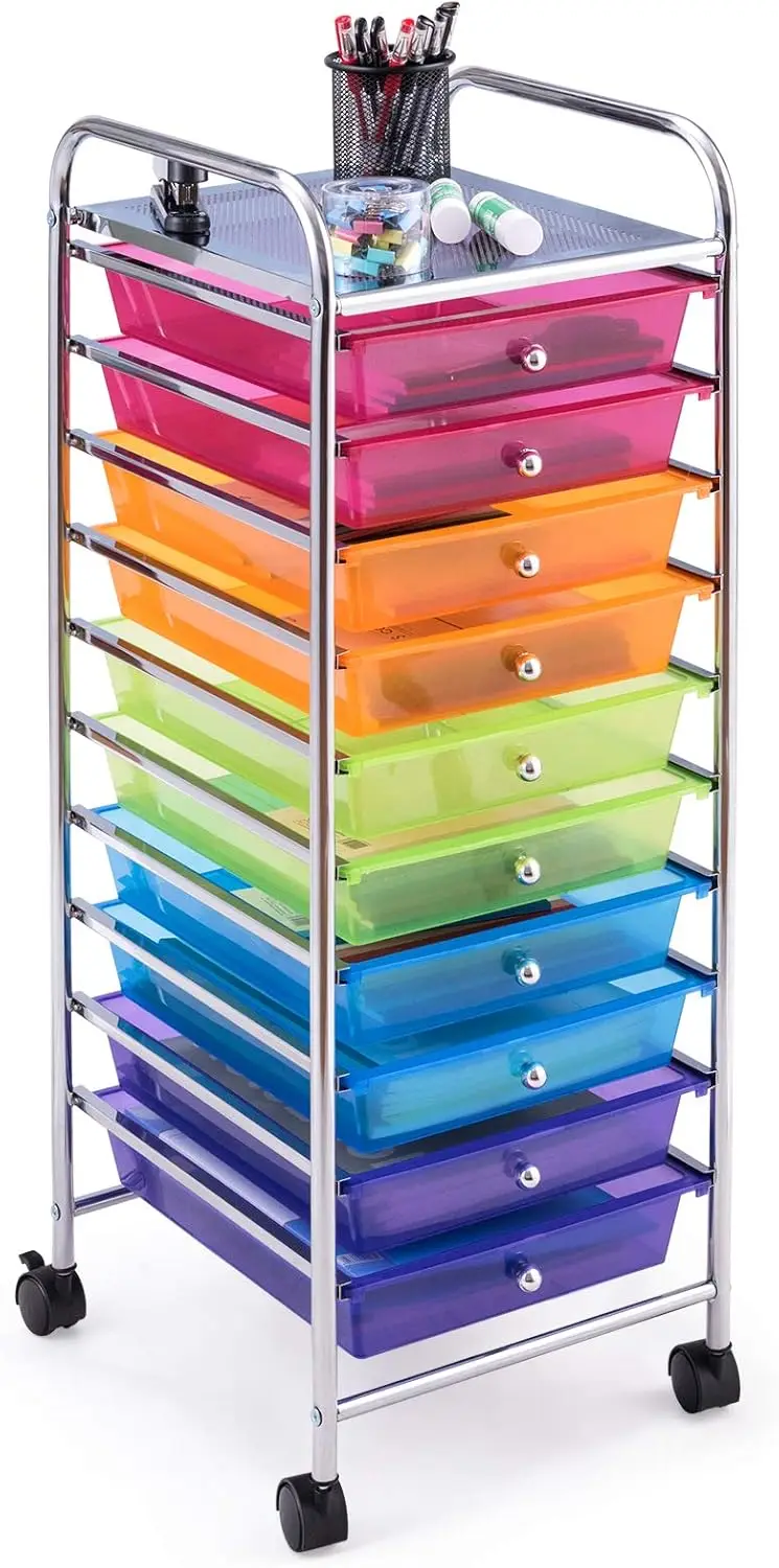 10 Drawer Rolling Cart, Utility Storage Organizer Cart, Rolling Storage Cart with Wheels for Classroom, Office, School, Home