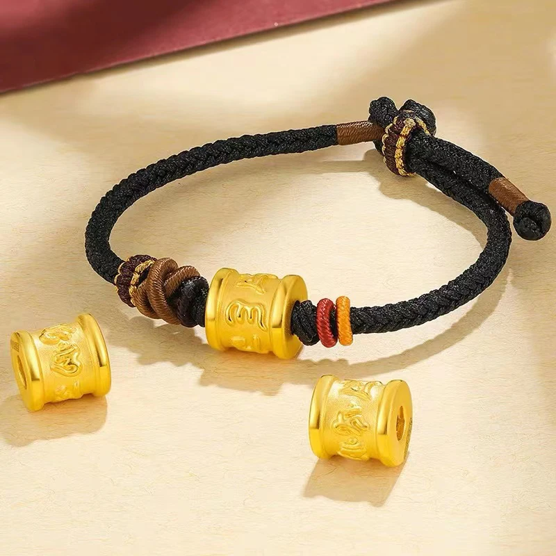 

Pure 24K Yellow Gold Bracelet For Women Men 3D Six Sutra Bead Black String 16-18cm Length