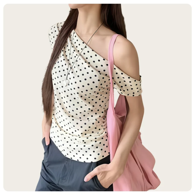Korean Style Retro Ivory Black Polka Dot Slim Fit Short-Sleeved...