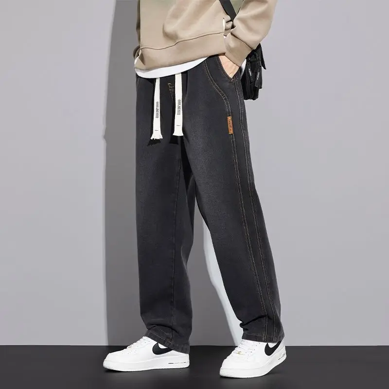 Korean Vintage Blue Wash Loose Casual Wide Leg Jeans Men Elastic Waist Drawstring Pocket Summer Versatile Straight Denim Pants