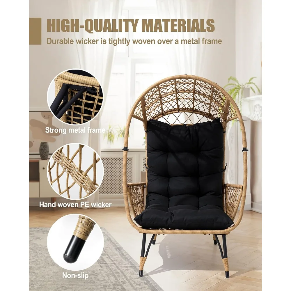 Hand Woven Wicker Egg Chair, Patio Sun Shade Egg Chair with Wide Armrest Allow You to Relax, Strong Metal Frame Lounge Chair w/C 3