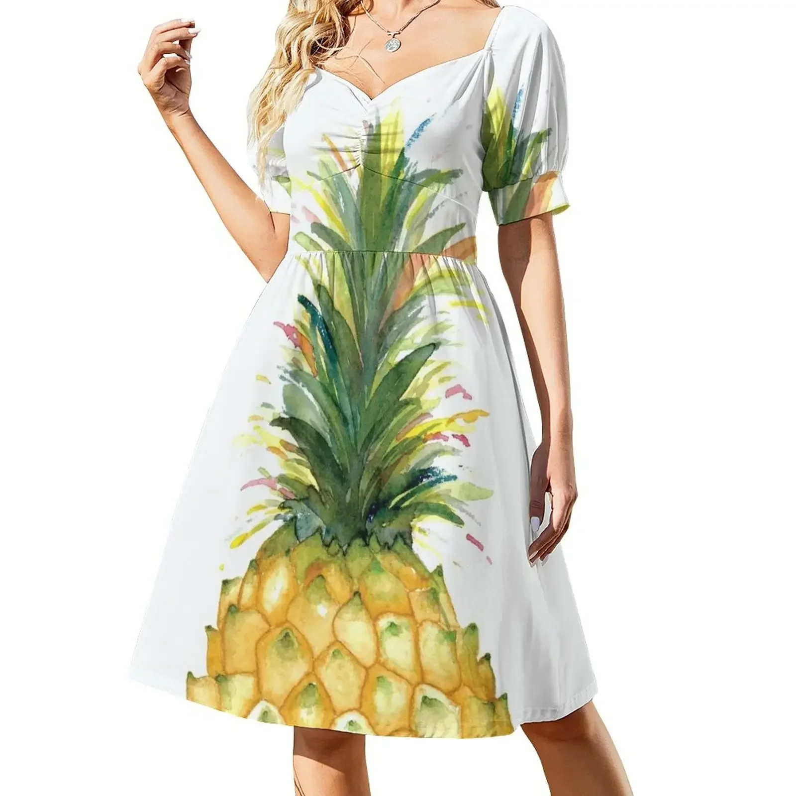 thumbnail image 1 of Vestido elegante de manga corta con piña colorida para mujer, promoción de vestidos de mujer, 1 of 8