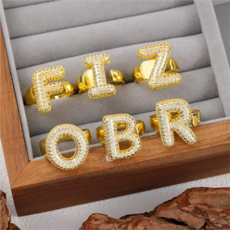 14K Gold Color A To Z Letters Shape Zircon Rings for Women Elegant Fashion Adjustable Ring Jewelry Gifts