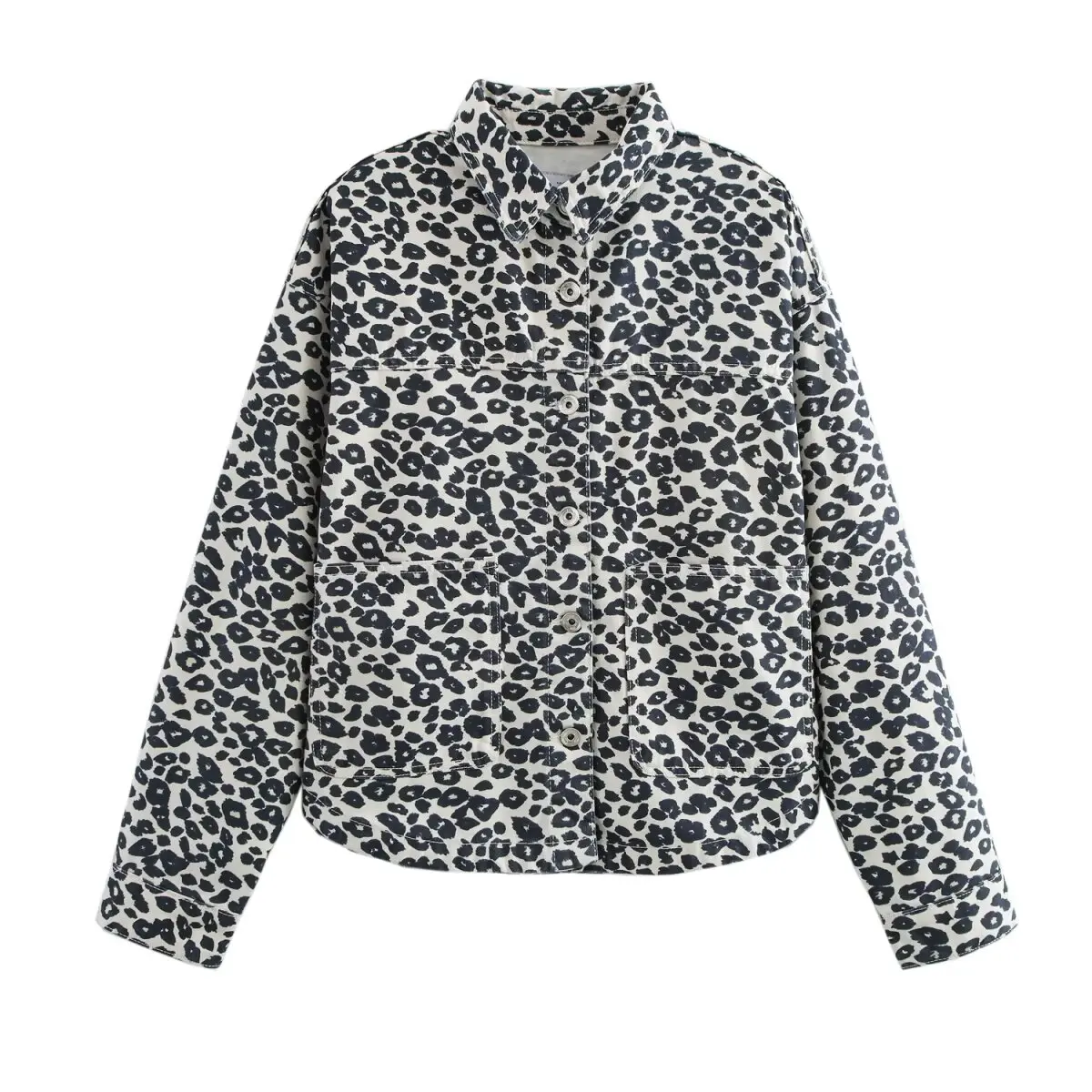 thumbnail image 1 of Conjunto de 2 piezas de moda de otoño para mujer de HH TRAF, chaqueta vaquera informal con bolsillo y estampado animal + nuevos pantalones vaqueros elegantes con cremallera y pierna ancha hasta los to, 1 of 4