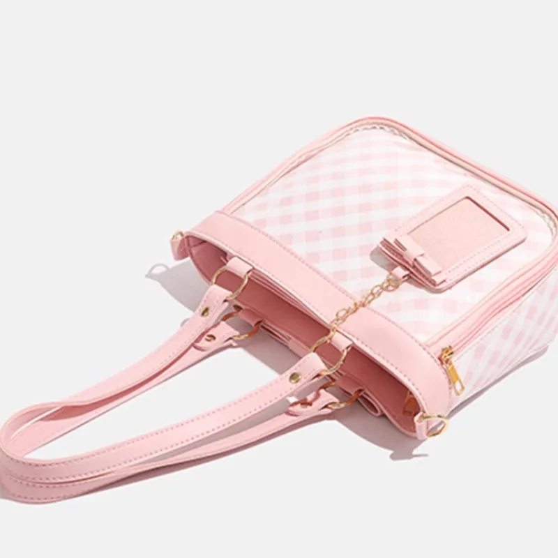 JIAERDI Japanese Sweet Cute Tote Bag Women Anime Merch Plaid Transparent Ita Bag Ladies Campus JK Style Large Capacity Handbag
