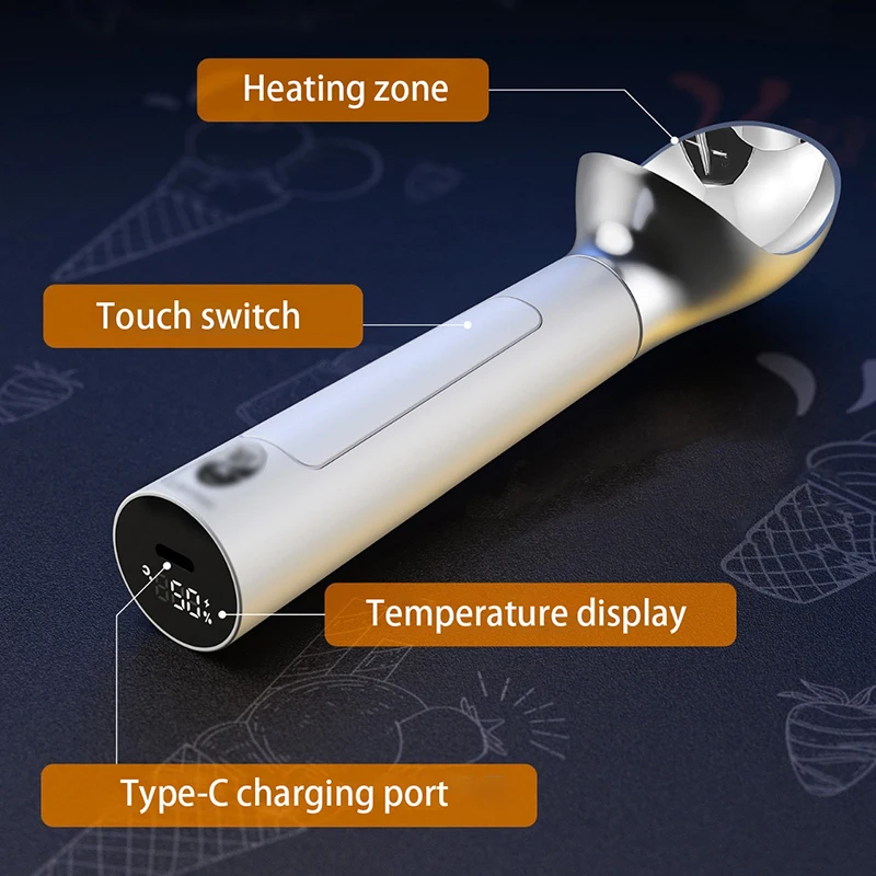 Rechargeable Electric Heating Scoop Stainless Steel Self Melting Ice Cream Spoon Ice Cream Ball Making Tool Kitchen Gadgets