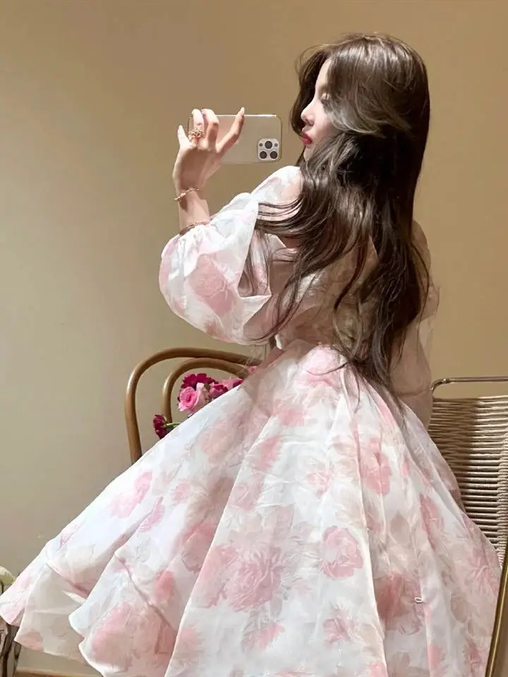 Princess Puff Sleeve long-sleeved Dress Fashion meat