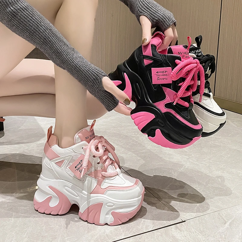 Women High Platform Casual Leather Shoes Autumn Lace-up Chunky Sneakers 10CM Wedges Hidden Heels Leisure Shoes