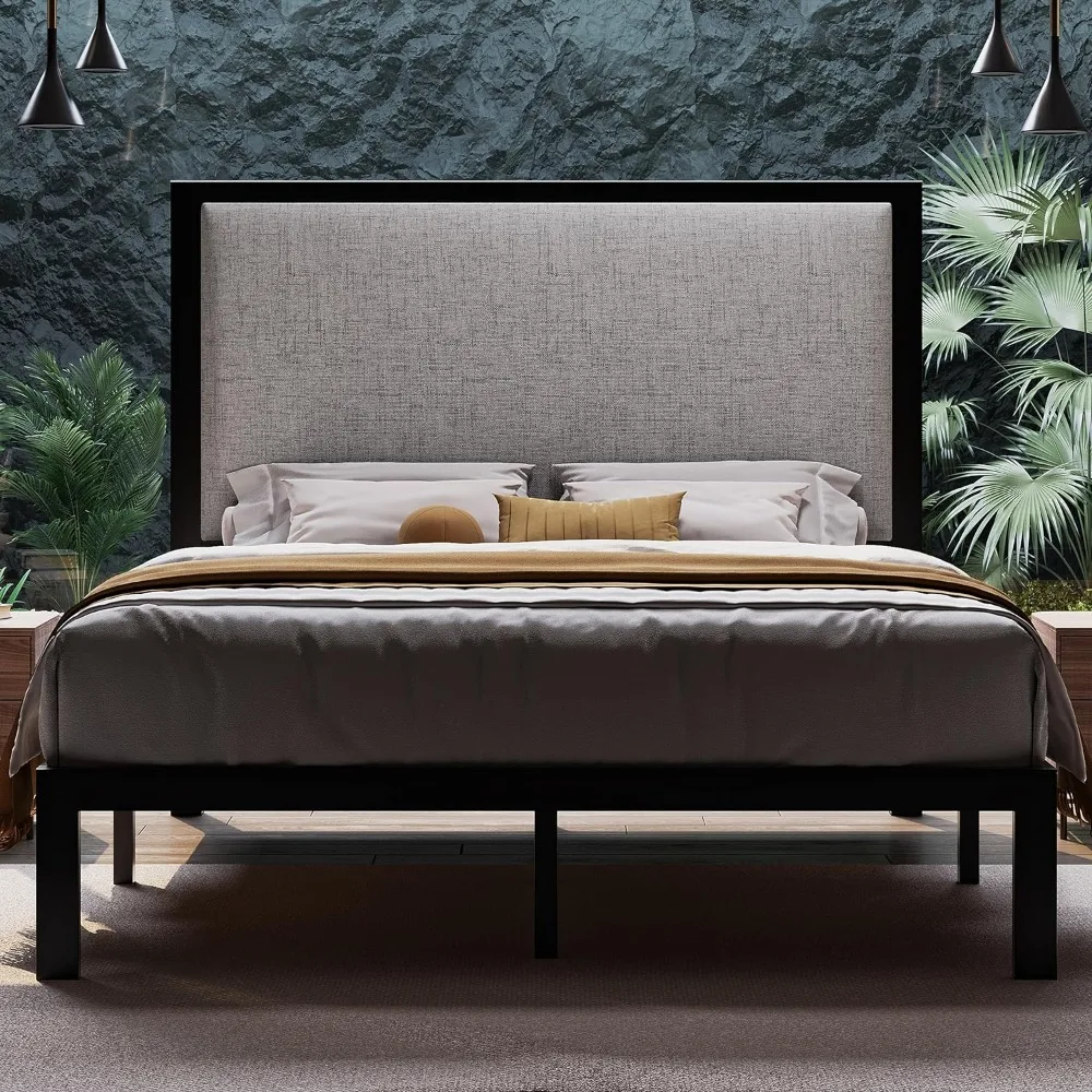 

Queen Bed Frame with 47'' Tall Upholstered Headboard, High Metal Bed Frame with 12'' Under-Bed Storage Space/Wood Slats Support