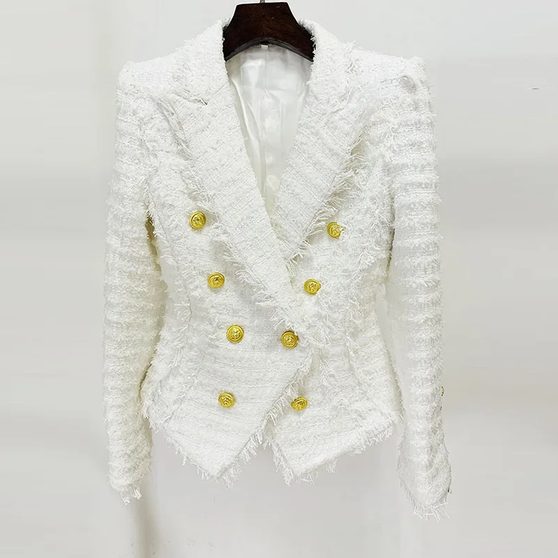 Autumn and Winter New European and American Upscale Fashion Tassel Edge Thick Tweed Long Sleeve Slim Fit Women's Suit Coat