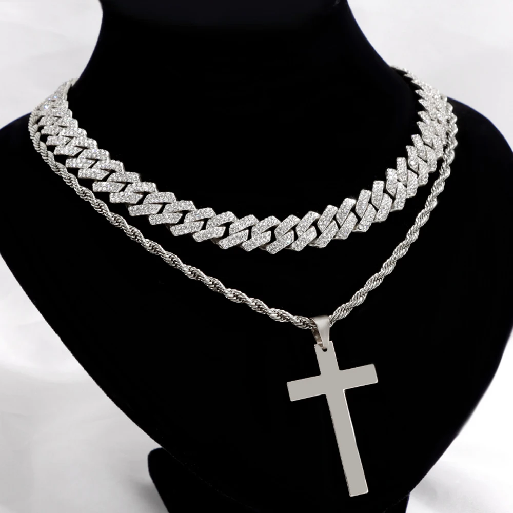 Cuban and Rope Cross Black Necklace Chain