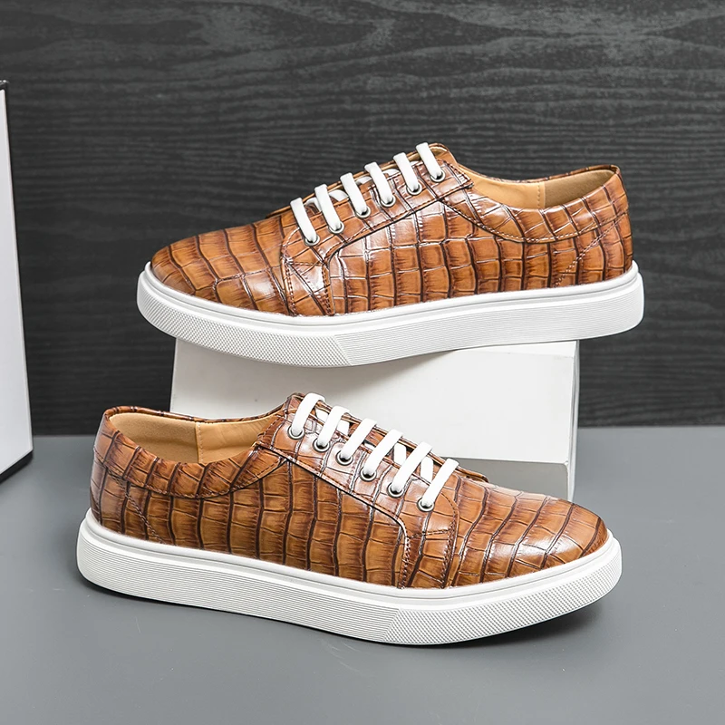 YRZL Men Casual PU Leather Skateblard Shoes Men Design Office Shoes Comfortable Lace Up Big Size Brown Leather Shoes for Men