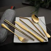 8Pcs/set Tableware Reusable Travel Cutlery Set Camp Utensils Set with stainless steel Spoon Fork Chopsticks Straw Portable case 3