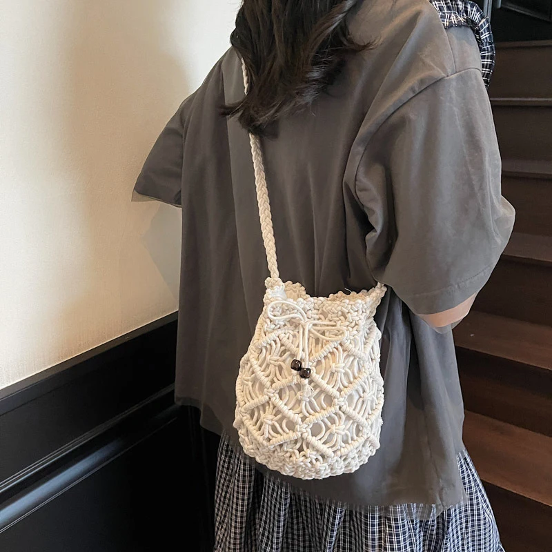 Summer Travel Bag Woven Beach Bag Ladies Crossbody Bag Women Handle Female Bucket Tote Bags Knit