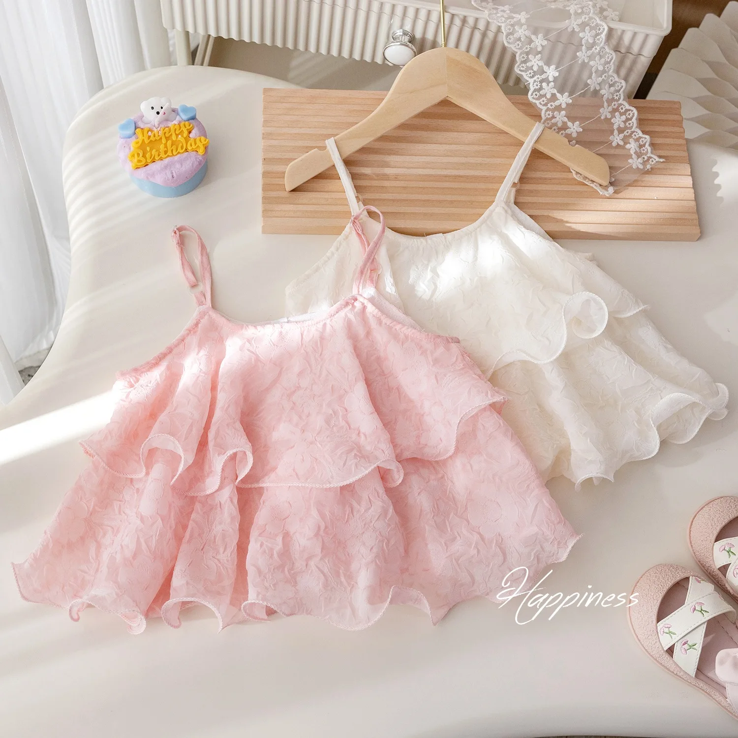 여아용 여름 멜빵, 심플한 단색, 다목적 웨이브 레이스 조끼, 한국 버전 민소매..