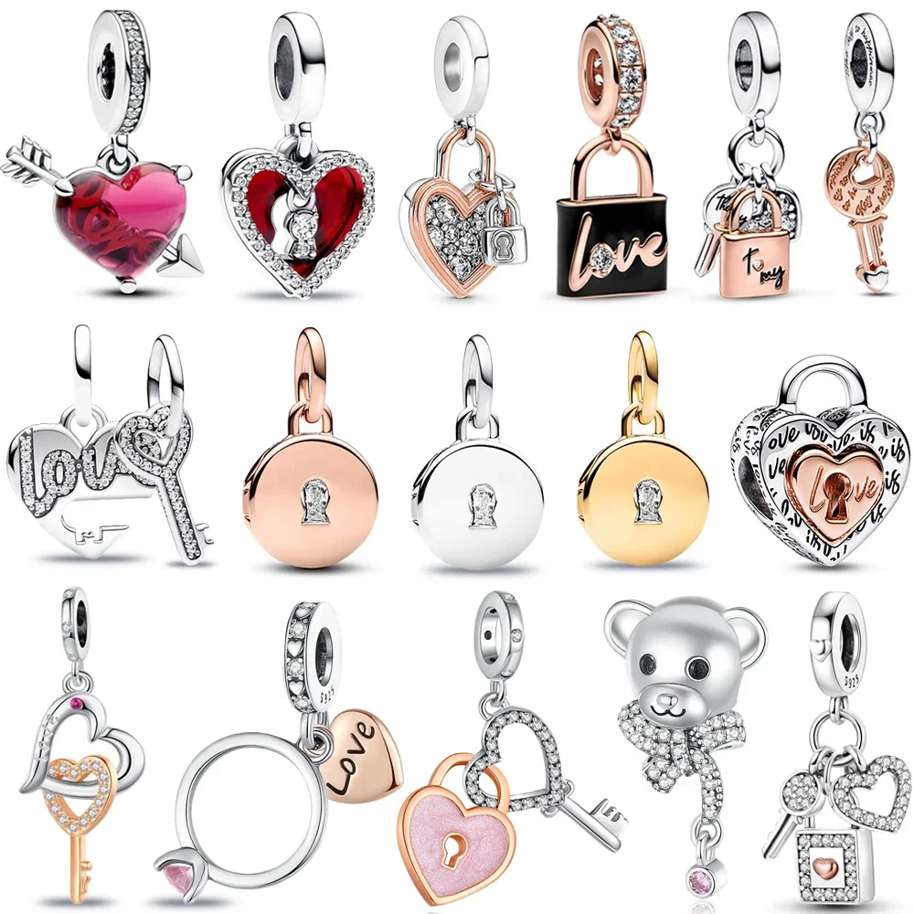 

Luxury S925 Sterling Silver Rose Gold Padlock and Love Key Charm Fit Pandora Bracelet & Necklace Women's Surprise Birthday Gift