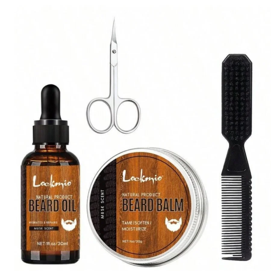 Men Beard Balm Kit Whisker Moisturizing Cream for Promoting Hair Growth Beards Wax for Groomed Charming Beard Styling Tools 4pcs
