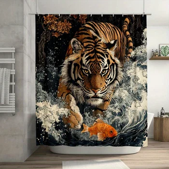 Tenda da doccia giapponese decorazione bagno stile 1 pezzo tigre inclusa tenda da doccia e 12 ganci in plastica, decorazione bagno 1