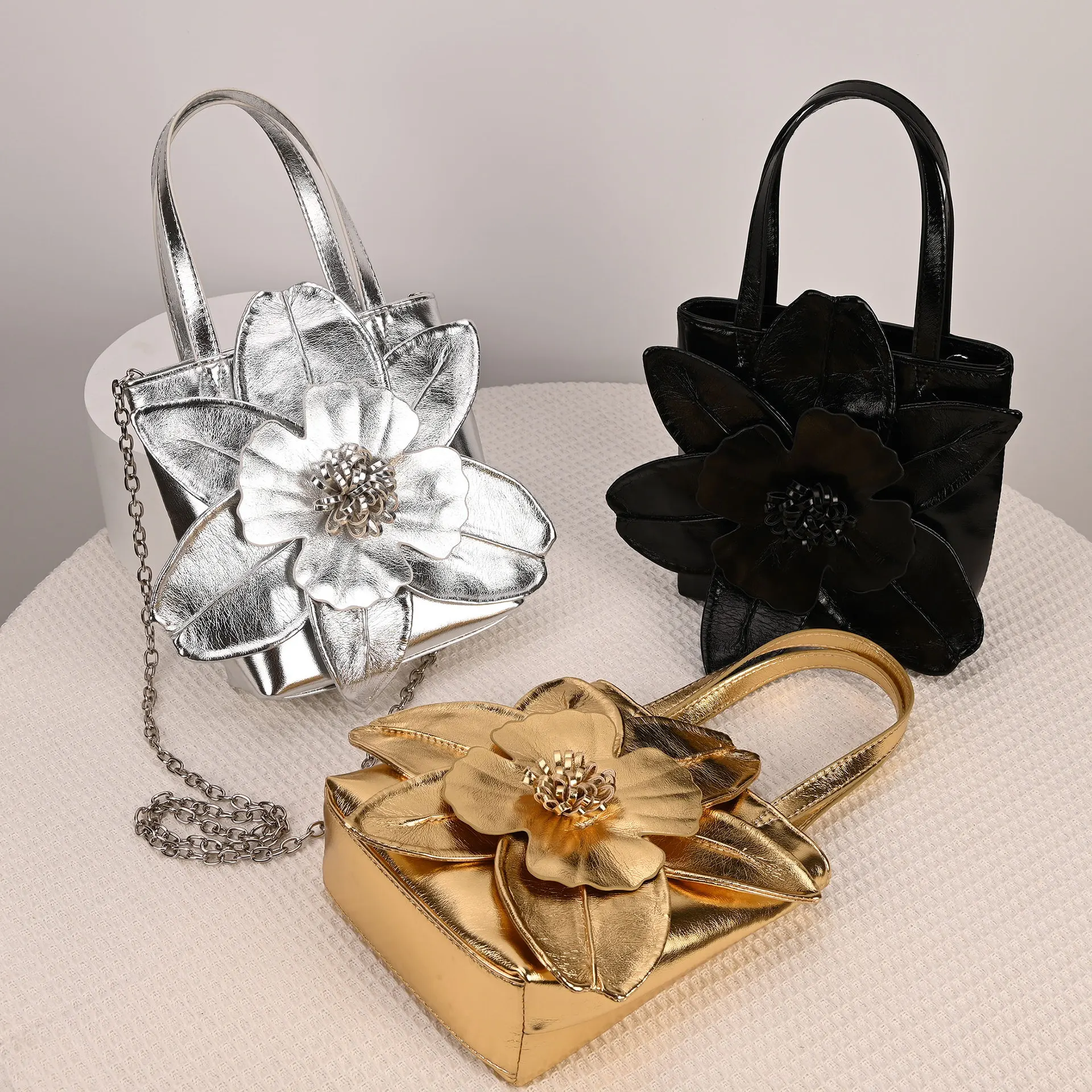3D Floral Soft PU Leather Women Bucket Handbag Wedding Purse Dress Party Evening Bridal Clutch Bag