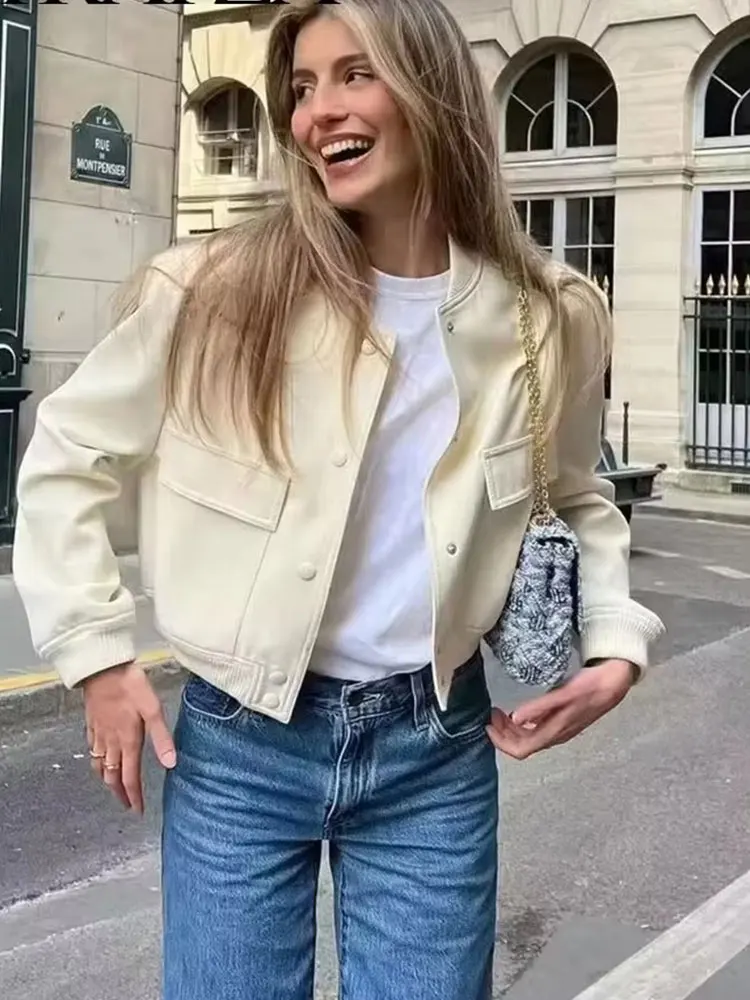 HH 2024 Women Elegant White Coat Long Sleeve Button Bomber Jacket Fashion Woman Casual Solid Office Lady Y2K Outerwear