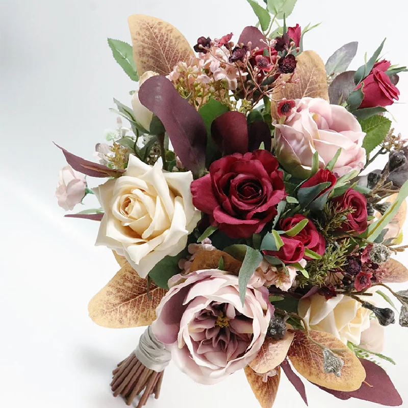 40X42cm Bridal Bouquet Home Floral Business Event Wedding Red Rose Simulation Flower Bundle Bridal Handheld Flowers 600