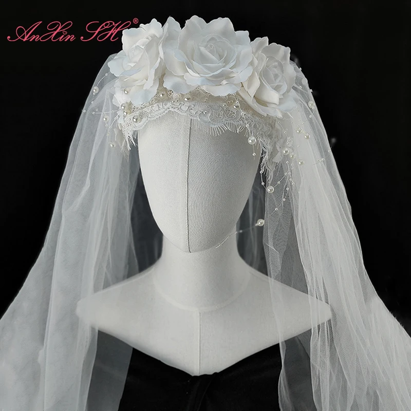 Anxin Sh Vintage Big Rose White Flower Lace French Princess Perline Perle Veli Da Sposa Party Antique Bride Wedding Dress Veil