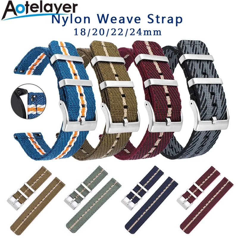 18 20 22 24mm Quick Release Woven Nylon Strap Fabric Flat Head Universal Watchband Stainless Steel Buckle Replacement Bracelet